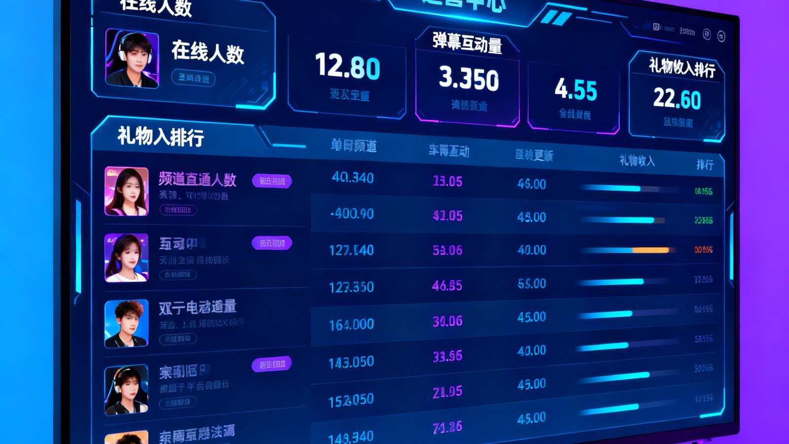 电竞直播平台运营中心的数据大屏，实时显示各频道在线人数、弹幕互动量和礼物收入排行