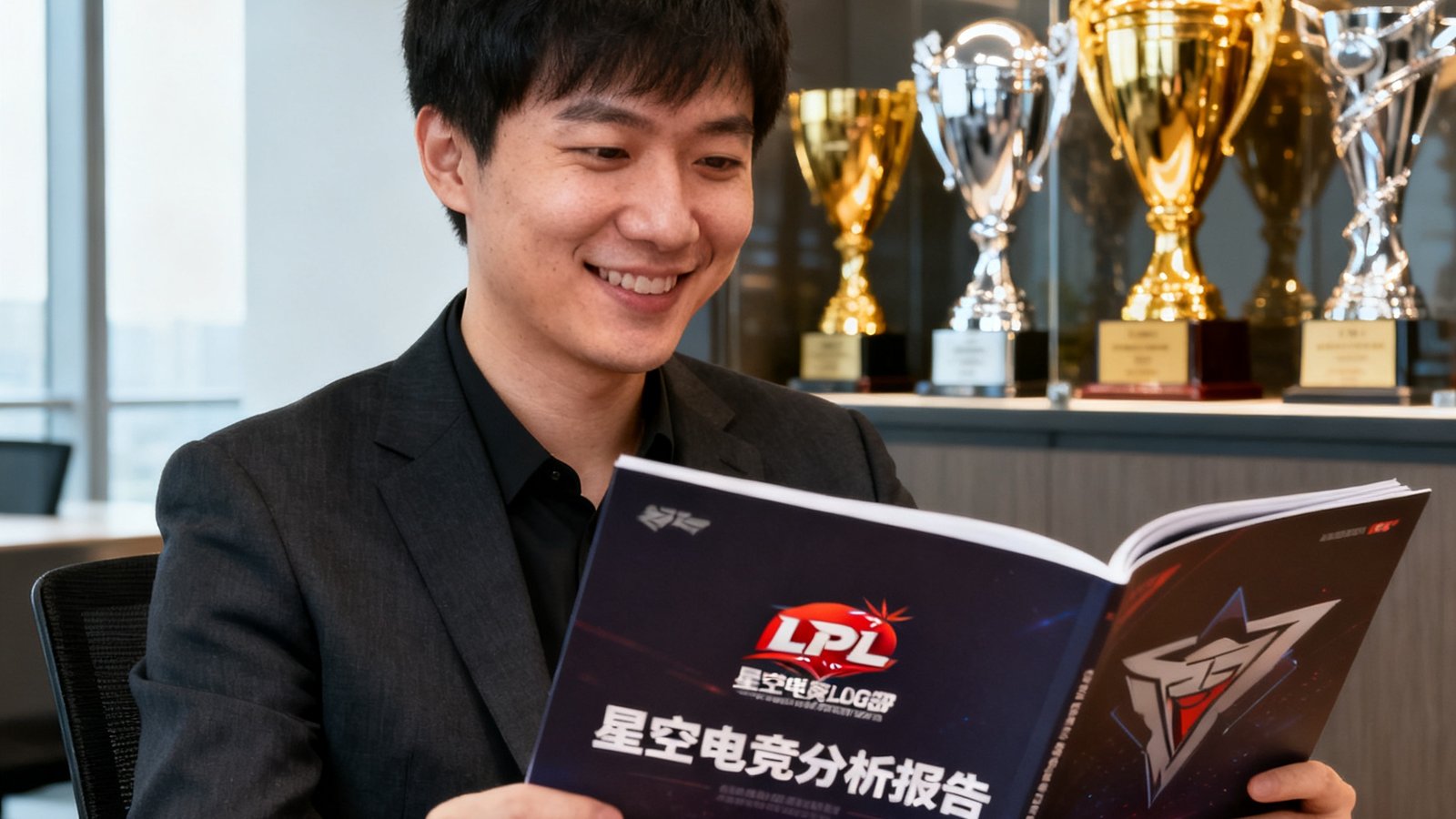 某LPL知名电竞俱乐部总经理坐在办公室内，微笑着翻阅星空电竞提供的分析报告，背景可见俱乐部奖杯陈列柜